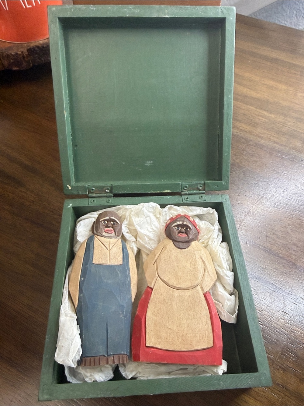 Vintage Hand Carved Folk Art Wooden Figure in Hand Painted Barrow Box